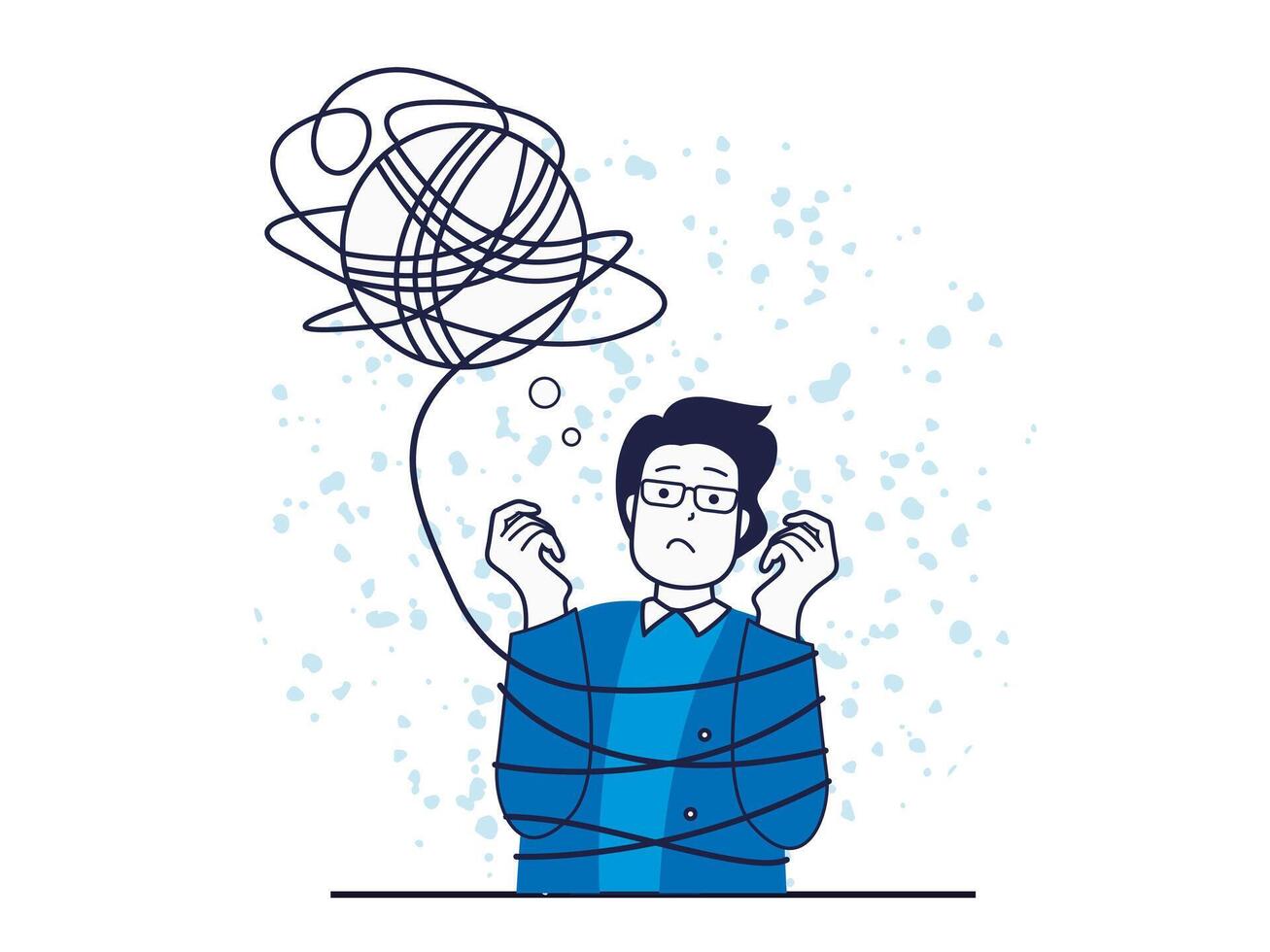 Mental health concept with character situation. Sad man with confused thoughts tied with rope of negative thinking and emotion problem. Vector illustration with people scene in flat design for web