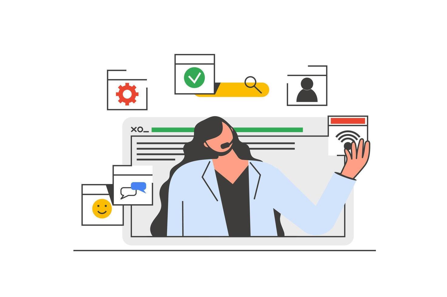 Customer service outline web concept with character scene. Woman consulting clients and helping online. People situation in flat line design. Vector illustration for social media marketing material.