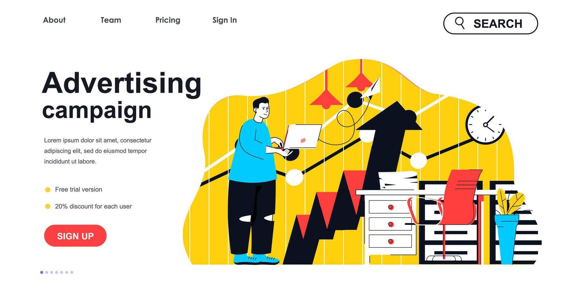 Advertising campaign concept for landing page template. Man making ads and doing business promotion. Social media marketing people scene. Vector illustration with flat character design for web banner