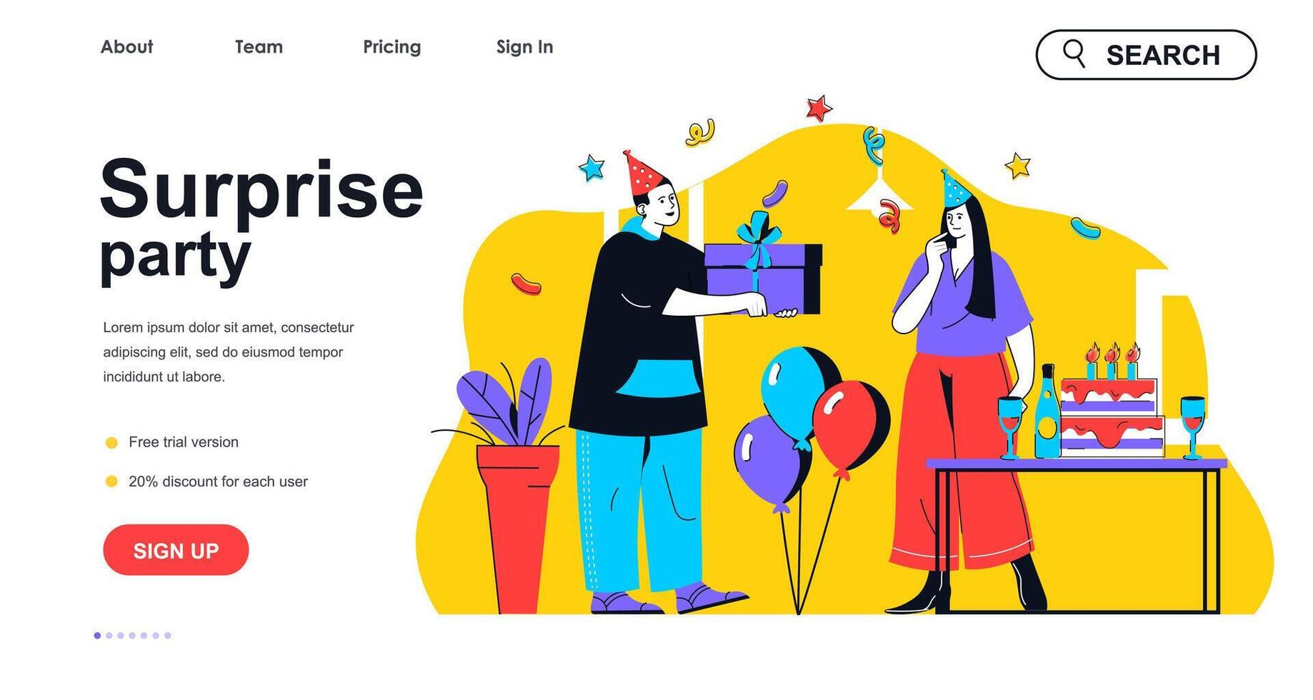Surprise party concept for landing page template. Man giving festive gift to woman at holiday event. Birthday celebration people scene. Vector illustration with flat character design for web banner
