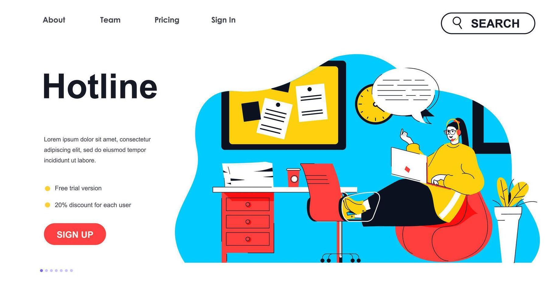 Hotline concept for landing page template. Woman operator consults, answers calls and messages. Customer support center people scene. Vector illustration with flat character design for web banner