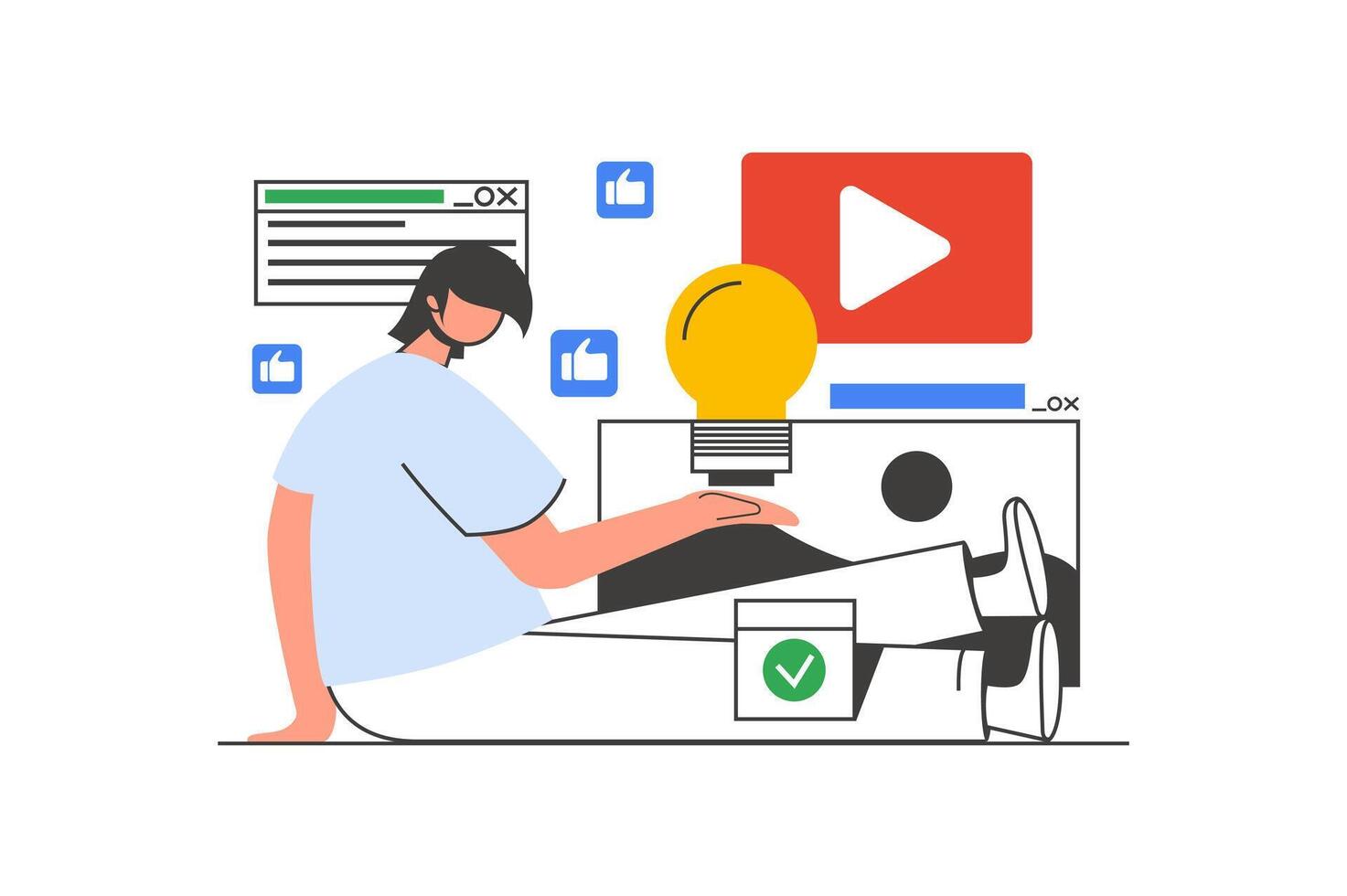 Marketing outline web concept with character scene. Man creating viral content and making advertising. People situation in flat line design. Vector illustration for social media marketing material.
