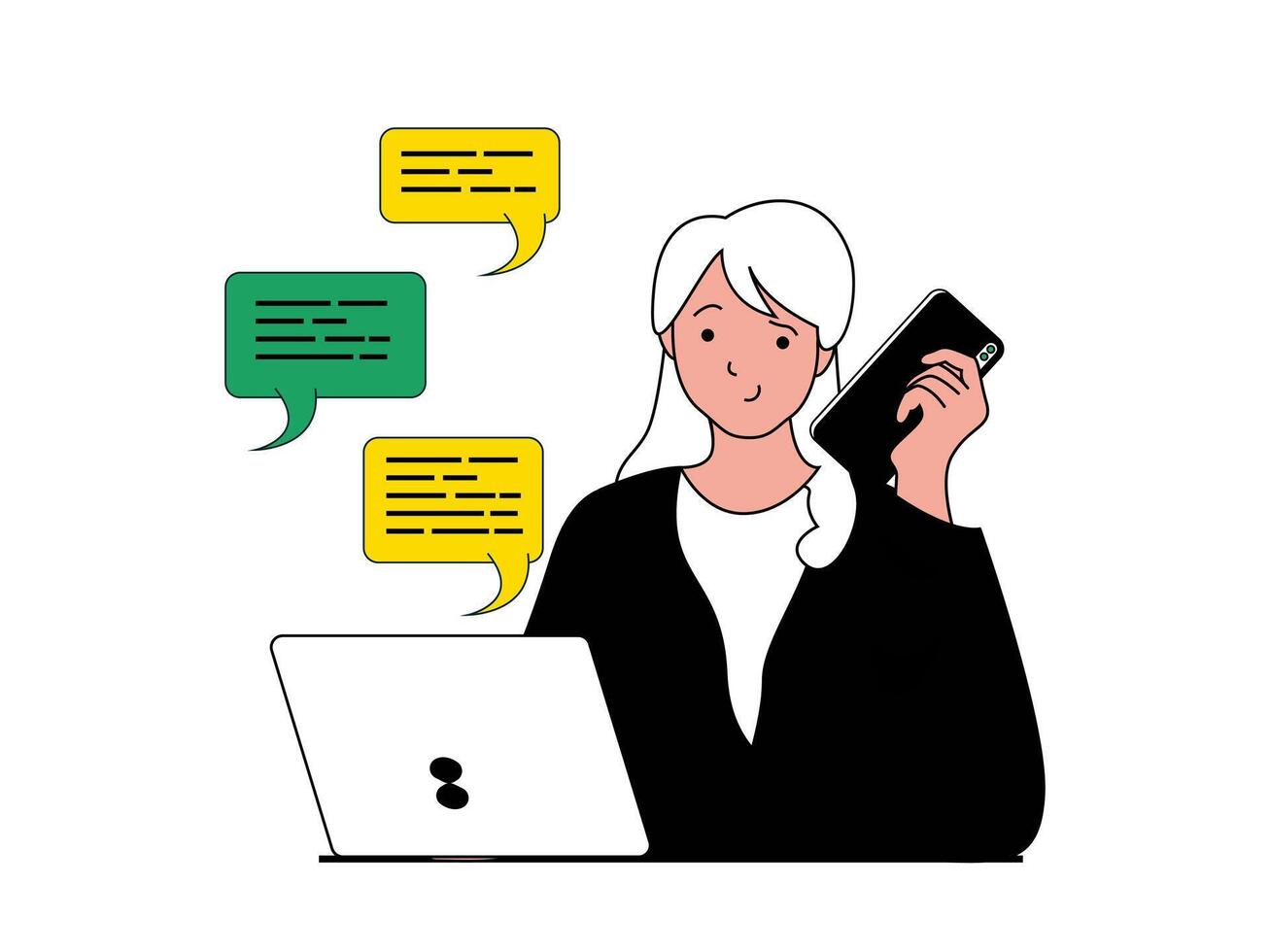 Productivity workplace concept with character situation. Woman chats online with employees, calls on phone and controls work processes. Vector illustration with people scene in flat design for web