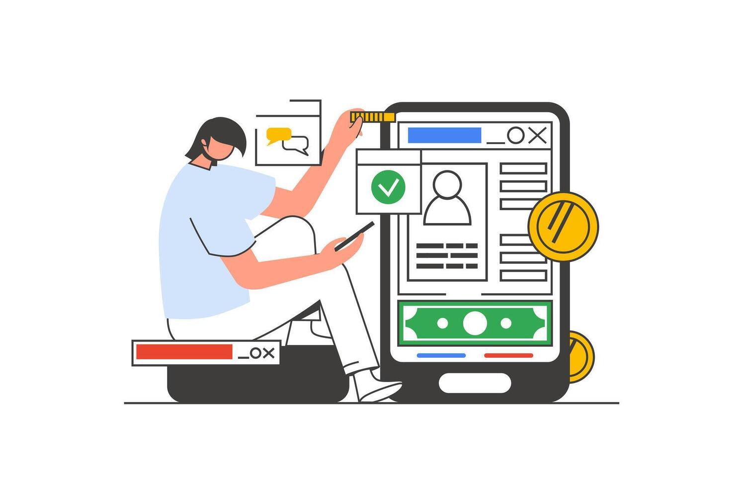 Mobile banking outline web concept with character scene. Man manages personal financial account in app. People situation in flat line design. Vector illustration for social media marketing material.