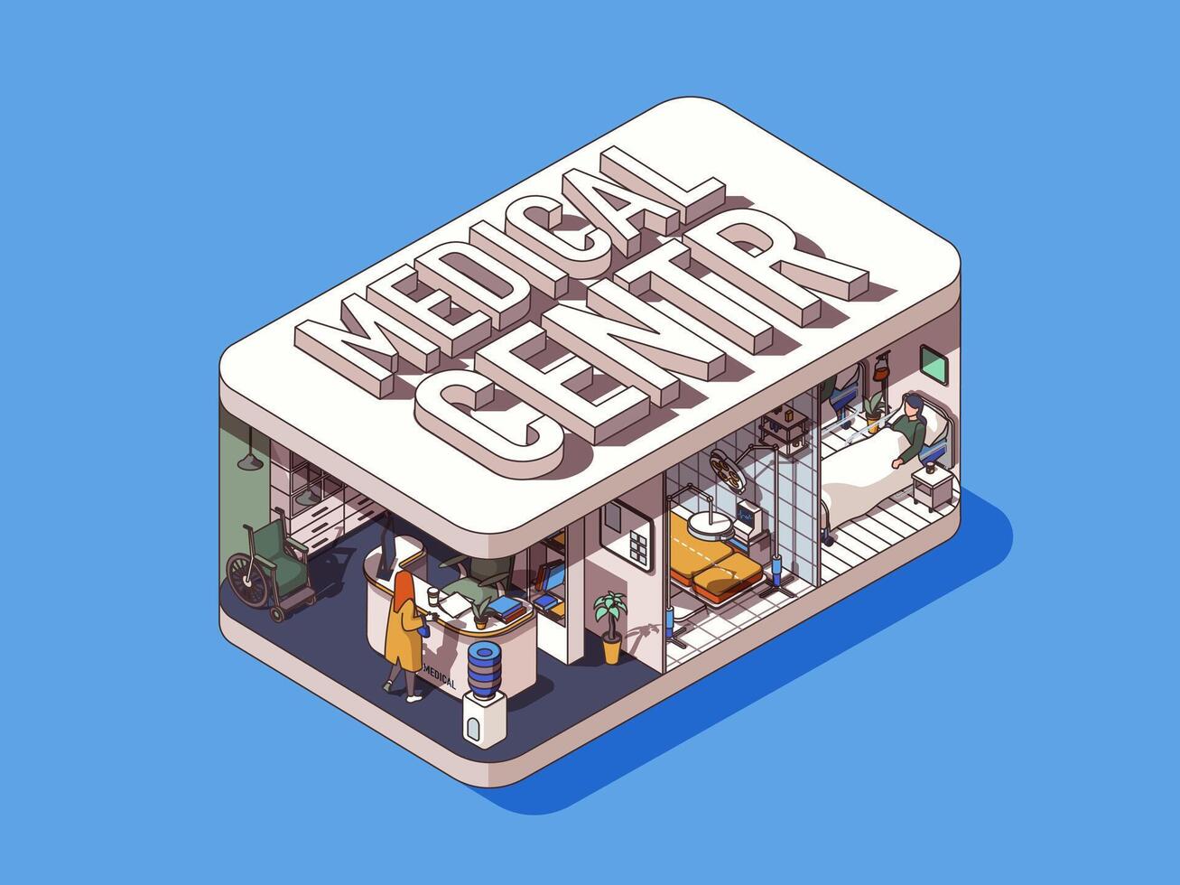 Medical center concept in 3d isometric graphic design. Hospital with reception, various medical departments and patient wards. Vector illustration with people in isometric room interior for web banner