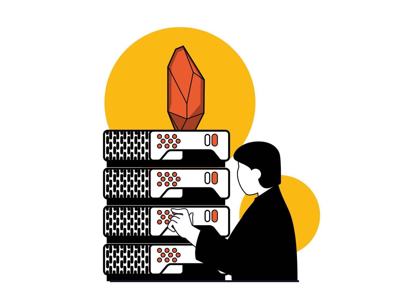 Cryptocurrency marketplace concept with character situation. Man working at mining farm hardware and making bitcoins and crypto coins. Vector illustrations with people scene in flat design for web