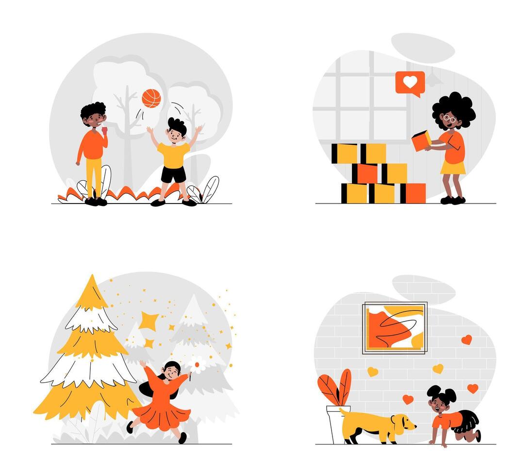 Children playing concept with character set. Collection of scenes people childs, boys and girls playing with ball or cubes, walking in park, take care dog. Vector illustrations in flat web design