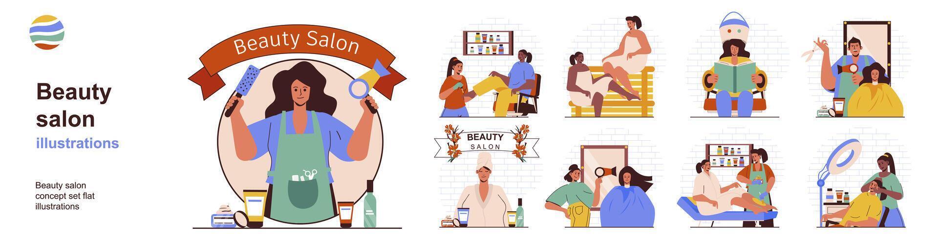 Beauty salon concept with character situations collection. Bundle of scenes people get manicure, pedicure, haircut, massage, epilation, makeup, body treatment. Vector illustrations in flat web design