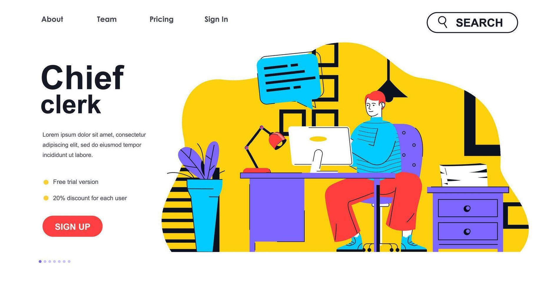 Chief clerk concept for landing page template. Employee doing tasks and working on computer in office. Supervisor workspace people scene. Vector illustration with flat character design for web banner