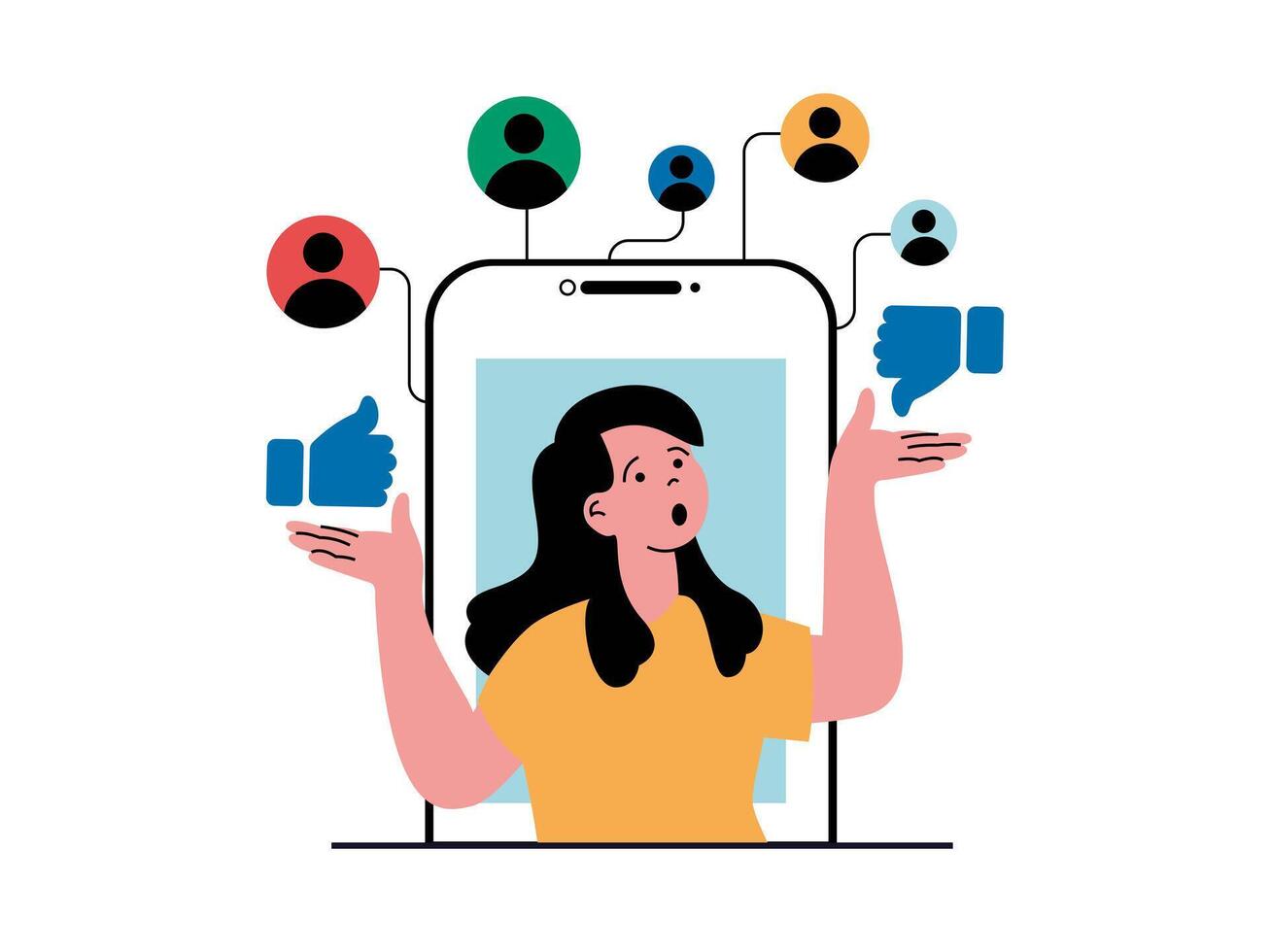 Social network concept with character situation. Woman receives different audience reactions to new post, collects likes and dislikes. Vector illustration with people scene in flat design for web