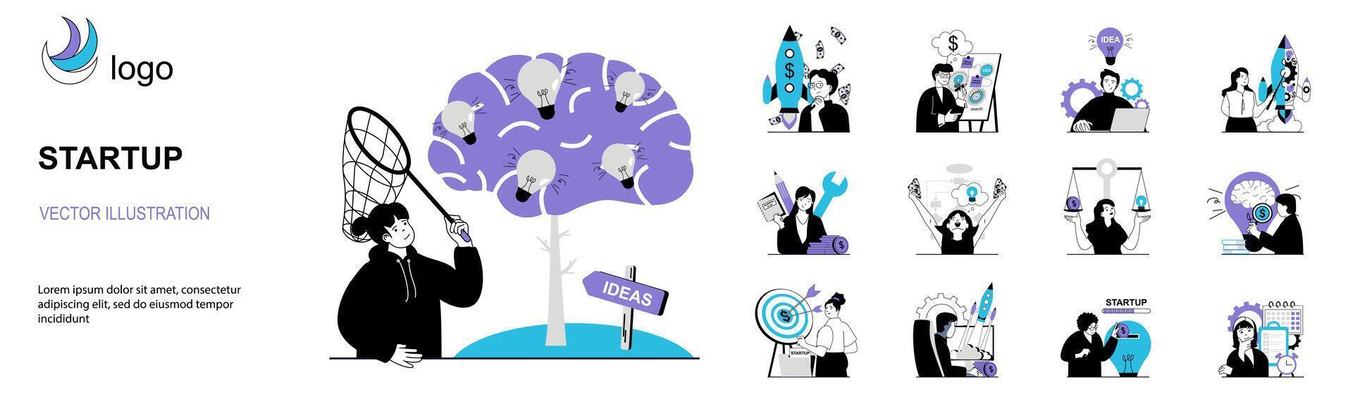 Startup concept with character situations collection. Bundle of scenes people generate business ideas, invest in new projects, develop company and target. Vector illustrations in flat web design