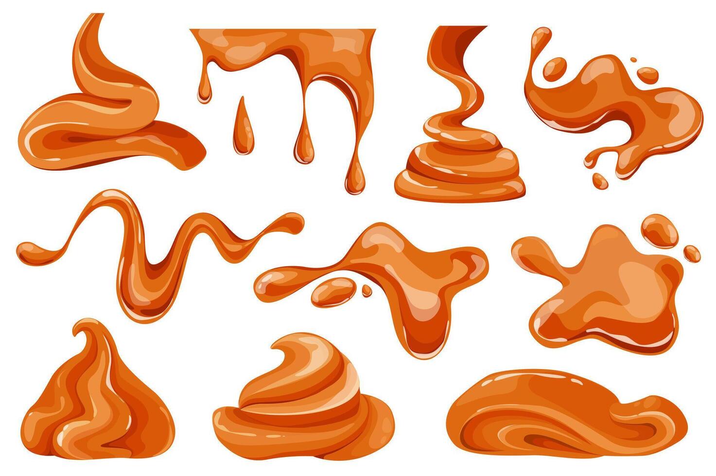 Melted caramel set graphic elements in flat design. Bundle of caramel flowing and dripping, liquid toffee candies with splash and droplet, confectionery topping. Vector illustration isolated objects