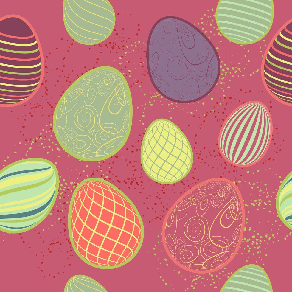 Easter Eggs with seamless ornament pattern.  Vector line pattern with Easter eggs on the red background. Concept of Happy Easter.