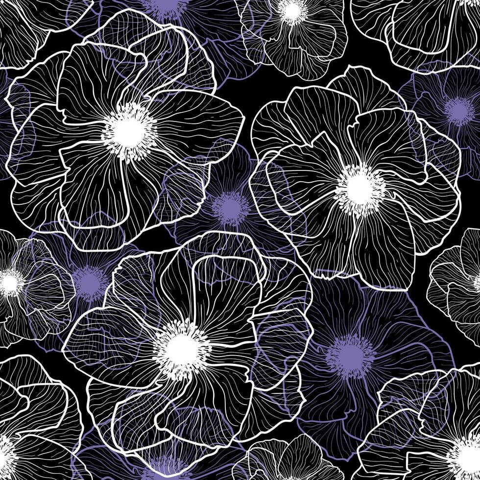 Pattern Seamless Vector Anemones Graphic Lineart Flowers. Black background.