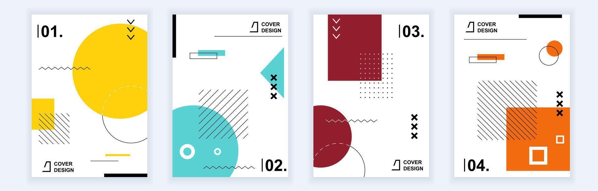 Abstract brochure covers set in modern minimal geometric design. Memphis style background templates with different graphic elements and texture in A4 format for company identity. Vector illustration