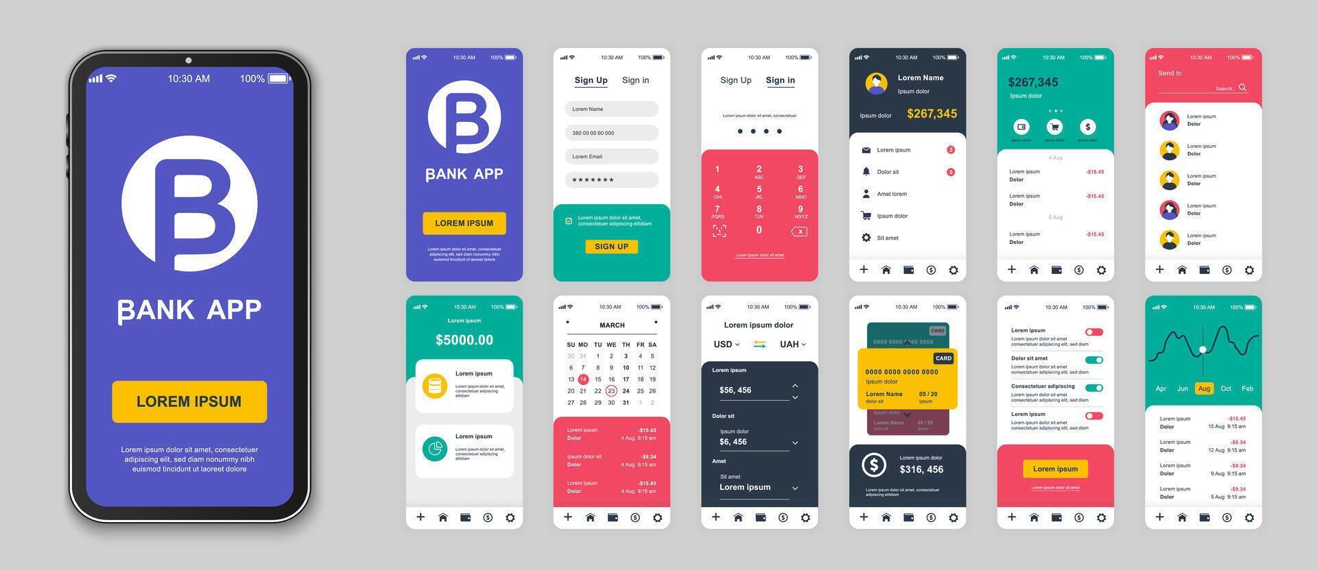 Banking mobile app screens set for web templates. Pack of login, secure password, financial account, credit card management, other mockups. UI, UX, GUI user interface kit for layouts. Vector design