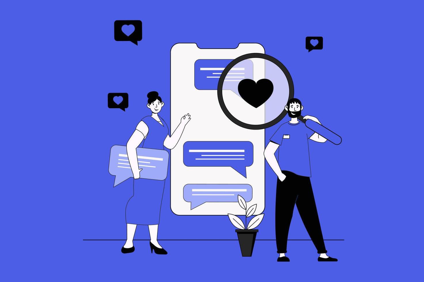 Comments web concept with character scene in flat design. People leaving messages in chats, discussing and communicating online in mobile app. Vector illustration for social media marketing material.