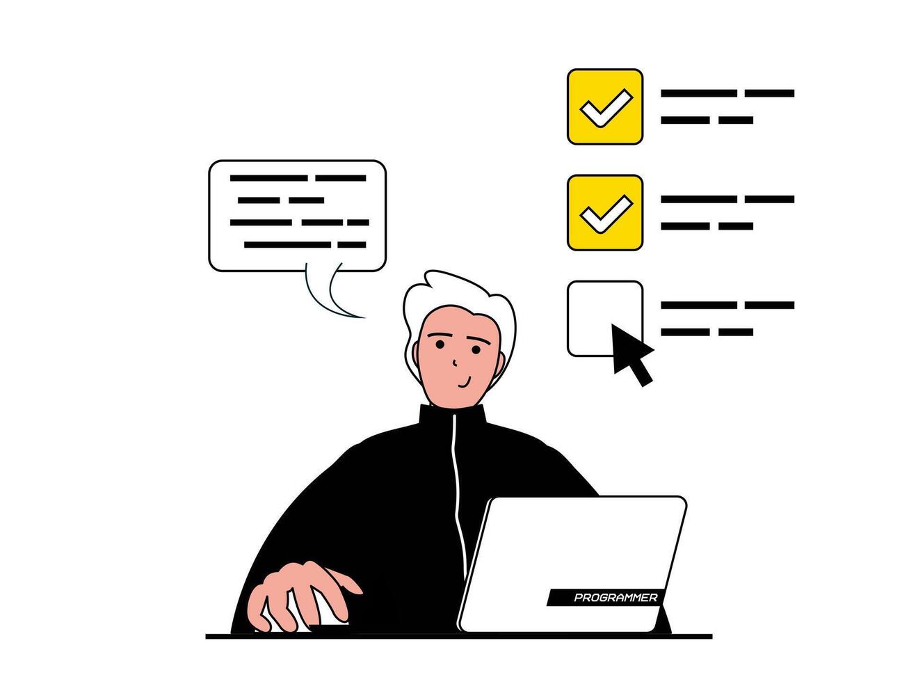 productividad lugar de trabajo concepto con personaje situación. hombre éxito completa Tareas y chateando en línea con colegas y clientes. vector ilustración con personas escena en plano diseño para web