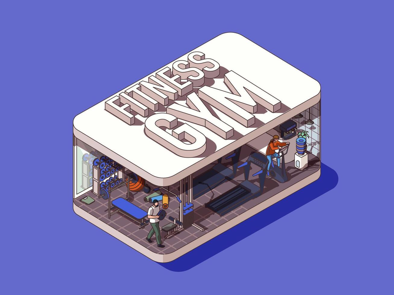 Fitness gym concept in 3d isometric graphic design. Sports center with treadmills, cardio training and bodybuilding equipment. Vector illustration with people in isometric room interior for web banner