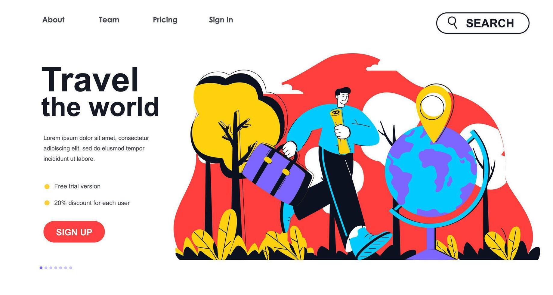 Travel the world concept for landing page template. Man with luggage and map goes on worldwide trip. Vacation and tourism people scene. Vector illustration with flat character design for web banner