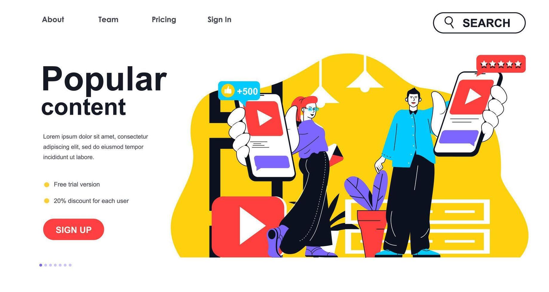 Popular content concept for landing page template. Man and woman hold smartphones with viral videos. Followers and blogging people scene. Vector illustration with flat character design for web banner