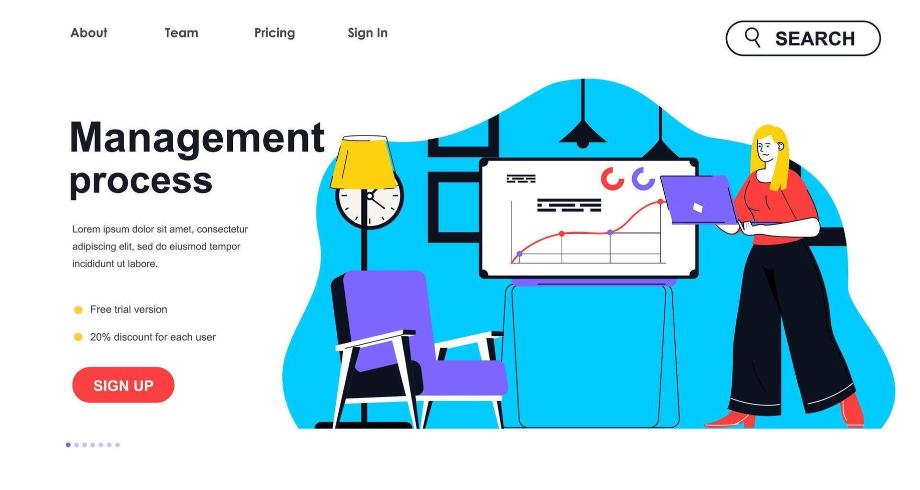 Management process concept for landing page template. Woman manager works with presentation on laptop. Office workflow people scene. Vector illustration with flat character design for web banner