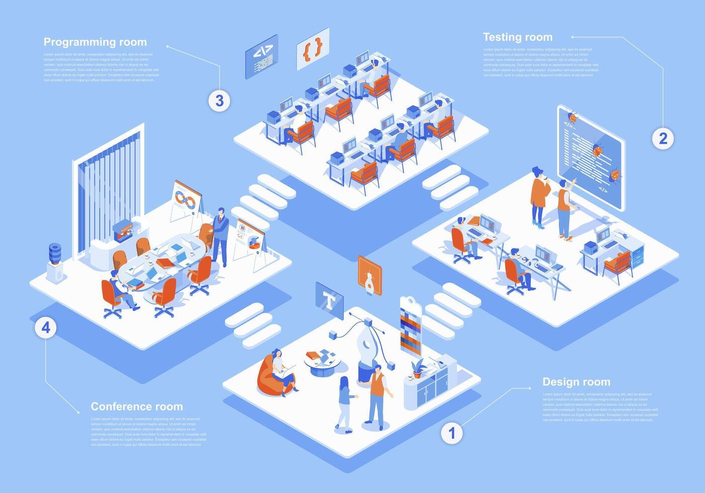 Development company concept 3d isometric web scene with infographic. People work at different programming and engineering departments at agency office. Vector illustration in isometry graphic design
