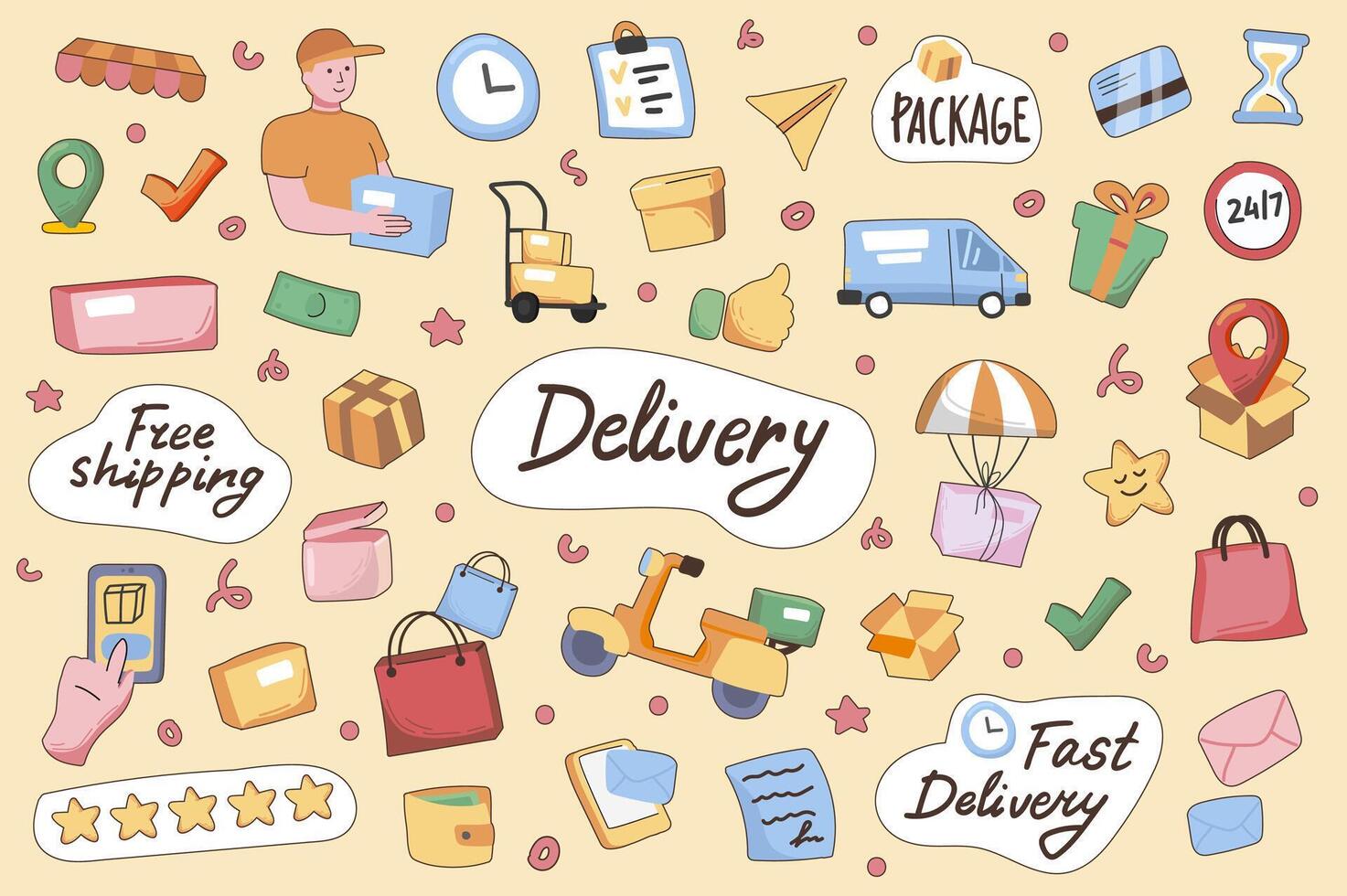 Delivery cute stickers set in flat cartoon design. Collection of courier, truck, motorcycle, package, parcel, bag, order, free shipping and other. Vector illustration for planner or organizer template