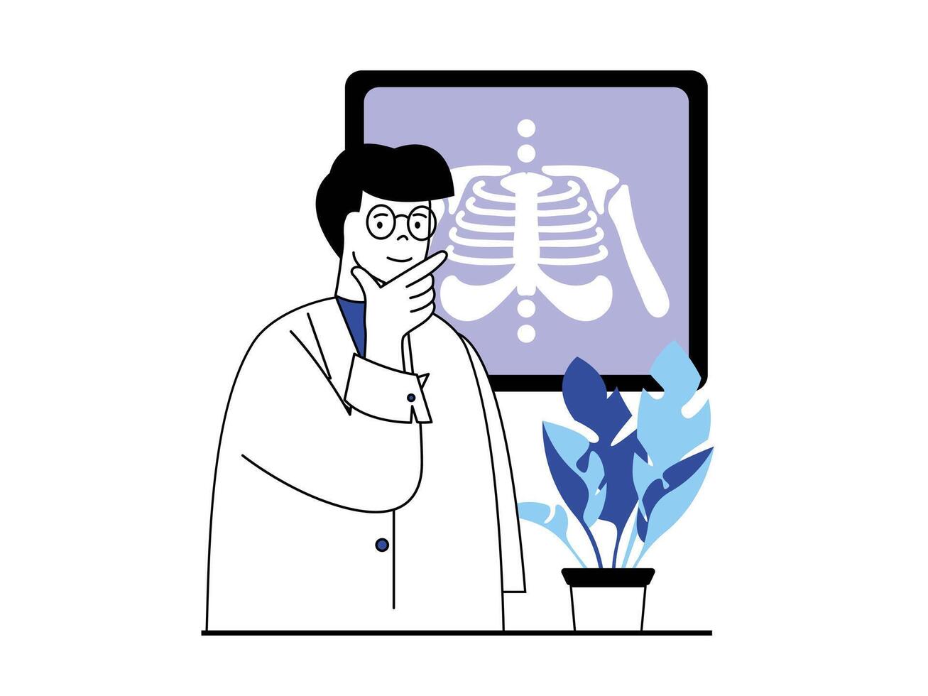 Medical concept with character situation. Doctor examining x-ray of patient chest, diagnoses, prescribes treatment and works in clinic. Vector illustration with people scene in flat design for web