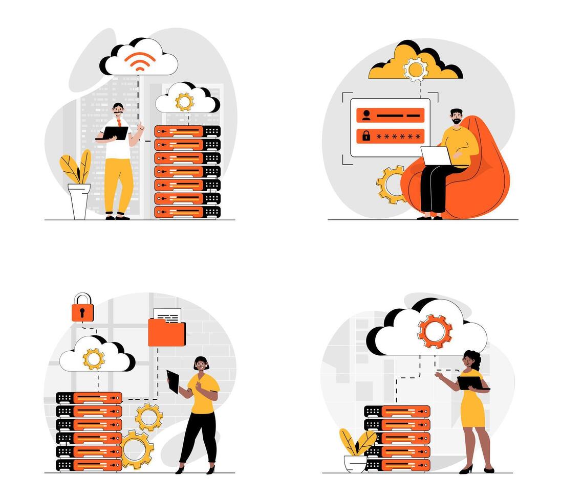 Cloud data center concept with character set. Collection of scenes people work in server room with computing process, technical engineers with hardware racks. Vector illustrations in flat web design