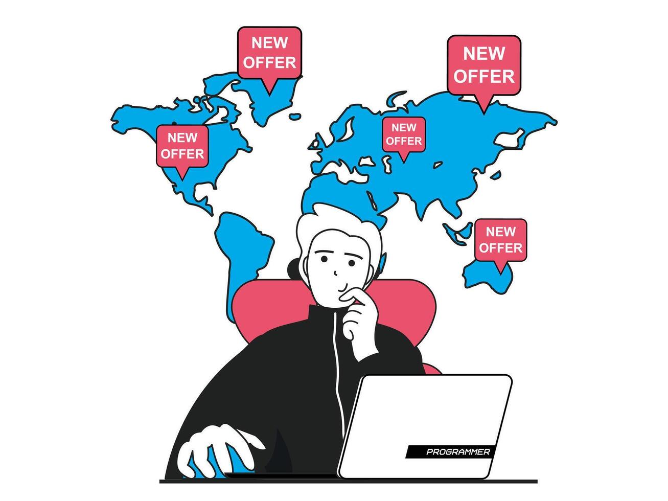 Freelance concept with character situation. Success freelancer gets lot of new offers from customers from all over world, works online. Vector illustration with people scene in flat design for web