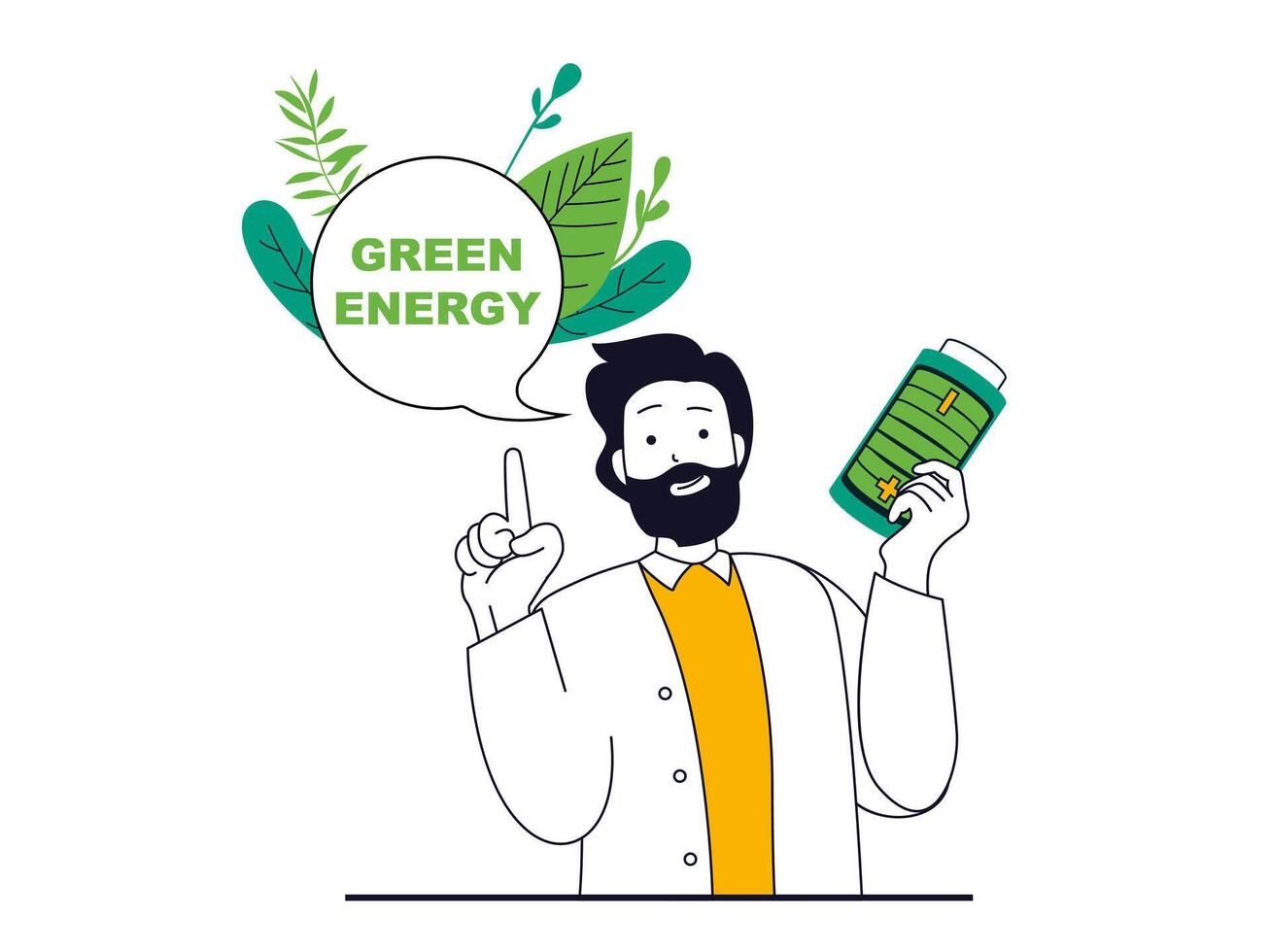 Green energy concept with character situation. Man holding battery with eco friendly technology, renewable source and nature conservation. Vector illustration with people scene in flat design for web