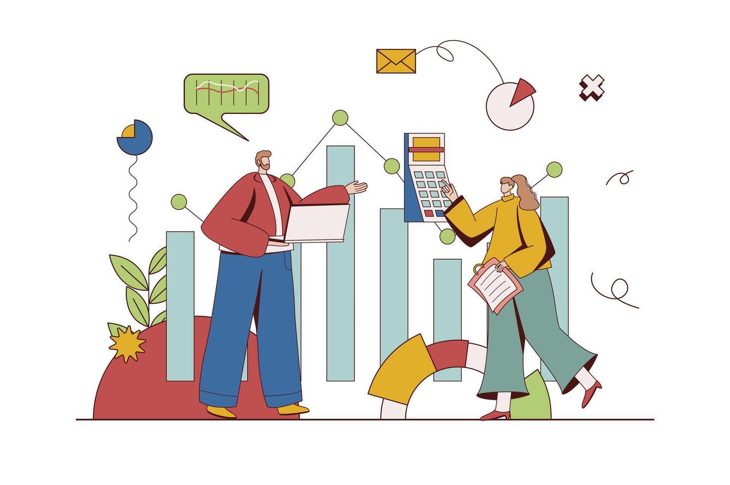 Financial management concept with character situation in flat design. Man and woman calculating and accounting of company budget, working with data. Vector illustration with people scene for web