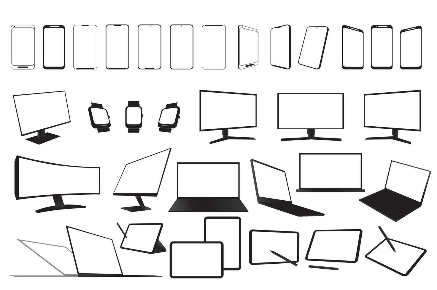 electrónico dispositivos conjunto gráfico elementos en plano diseño. haz de minimalista sencillo silueta de pantallas móvil teléfono, ordenadores, muñeca mirar, laptops y otro. vector ilustración aislado objetos