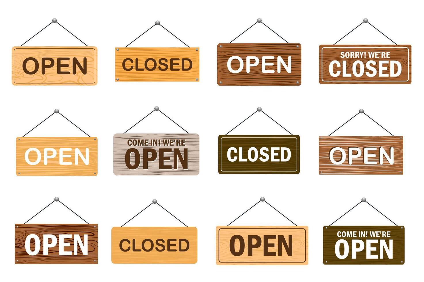 Open and closed signboards mega set elements in flat design. Bundle of wooden board plates with text message to clients for hanging at shops entrances. Vector illustration isolated graphic objects