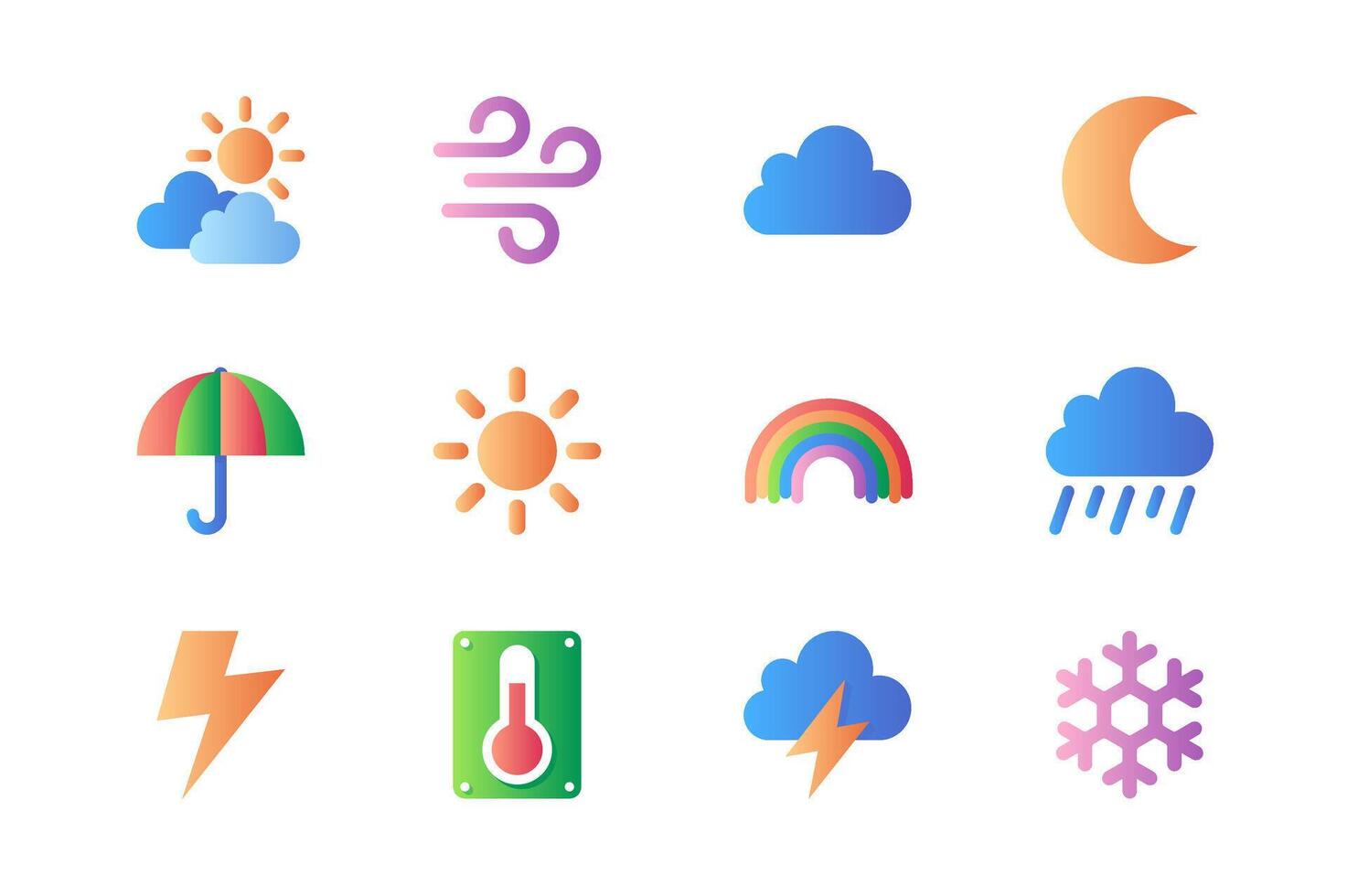 Weather icons set in color flat design. Pack of cloud, sun, wind, crescent moon, umbrella, sunny day, rainbow, rain, lightning, temperature and other. Vector pictograms for web sites and mobile app