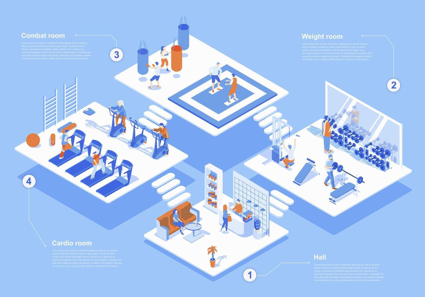 Fitness gym concept 3d isometric web scene with infographic. People waiting at sport center hall, athletes training in weight, cardio or combat rooms. Vector illustration in isometry graphic design