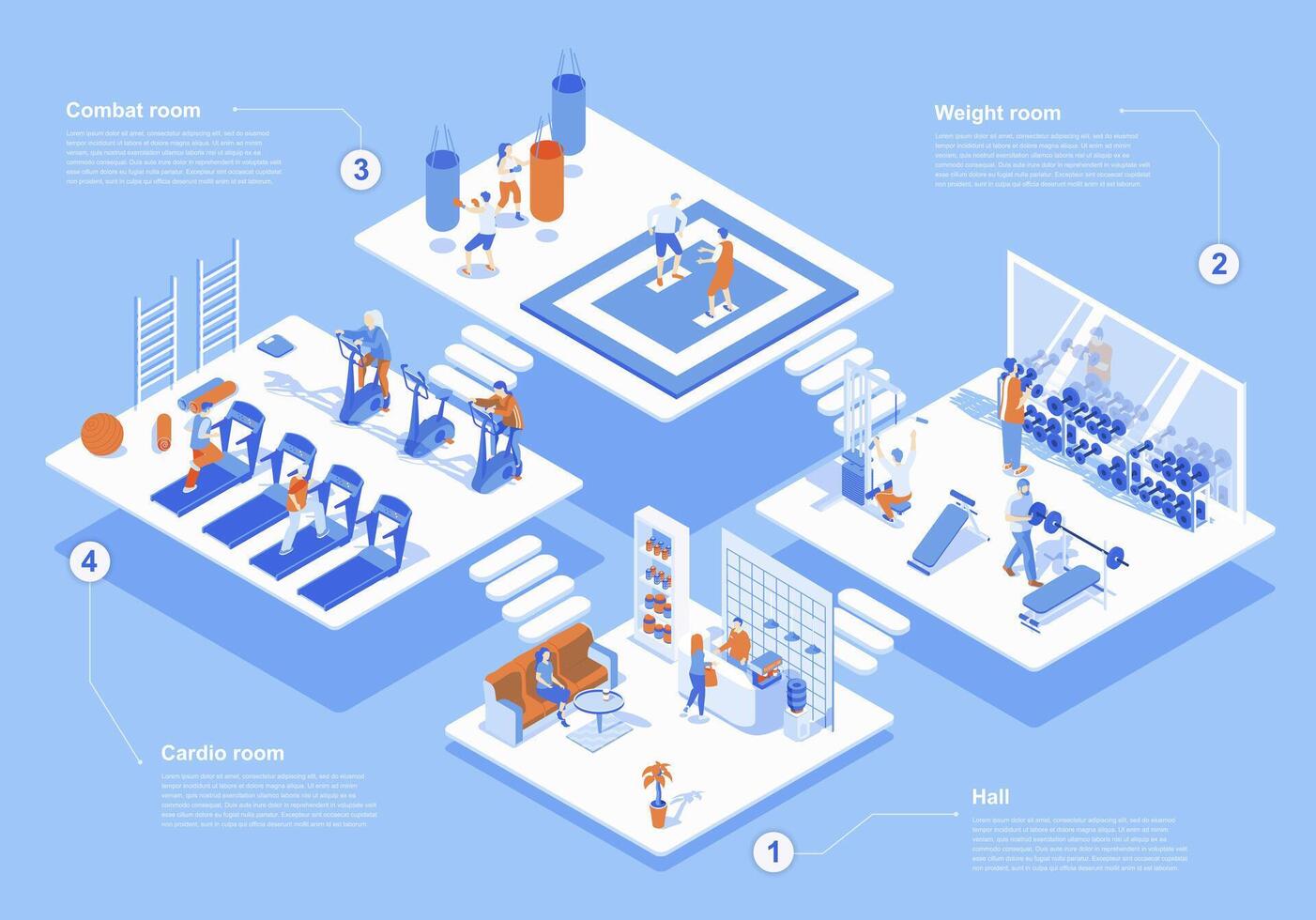 aptitud gimnasio concepto 3d isométrica web escena con infografía. personas esperando a deporte centrar sala, Atletas formación en peso, cardio o combate habitaciones. vector ilustración en isometria gráfico diseño