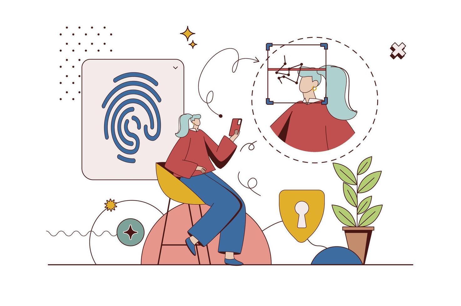 Biometric control concept with character situation in flat design. Woman accessing her account with id fingerprint scanning and user face recognition. Vector illustration with people scene for web