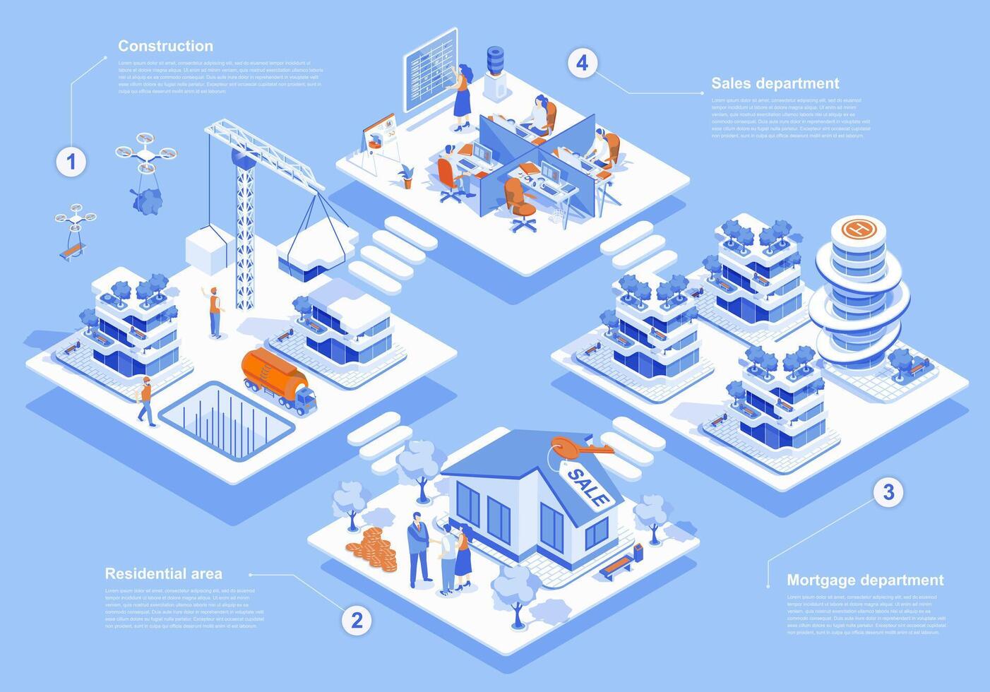 Real estate concept 3d isometric web scene with infographic. People working at construction, sales and mortgage departments, clients buying new houses. Vector illustration in isometry graphic design