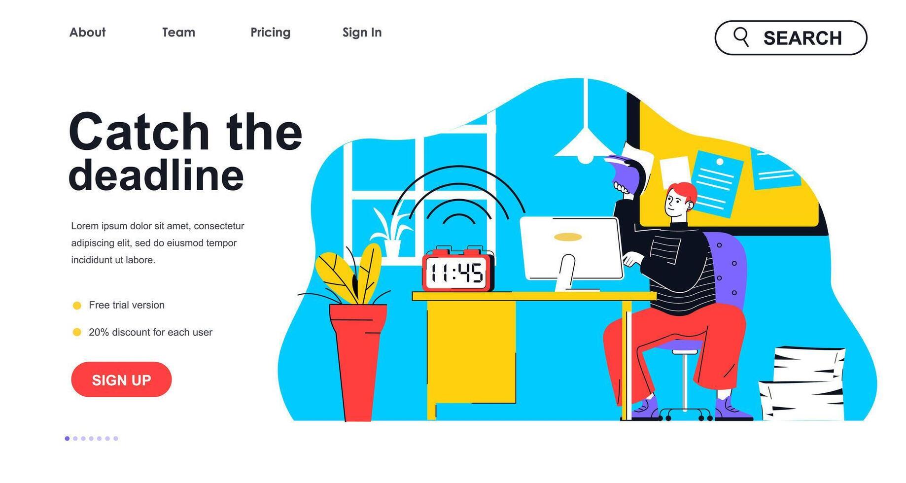 Catch the deadline concept for landing page template. Man is in hurry to finish tasks while alarm ringing. Time management people scene. Vector illustration with flat character design for web banner