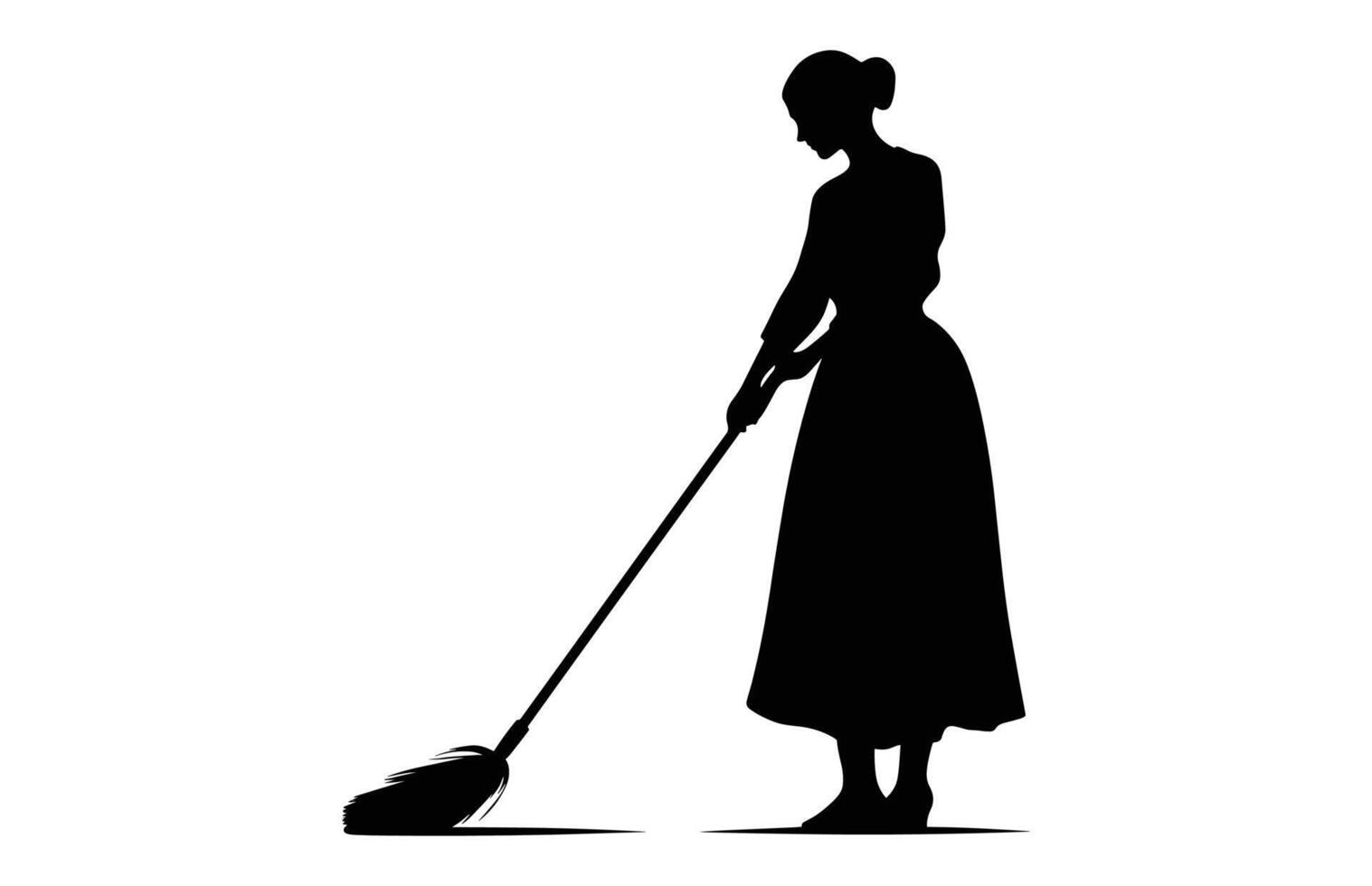 Woman Cleaner Silhouette isolated on a white background, Cleaning lady black Clipart, Sweeper girl Black and White Vector