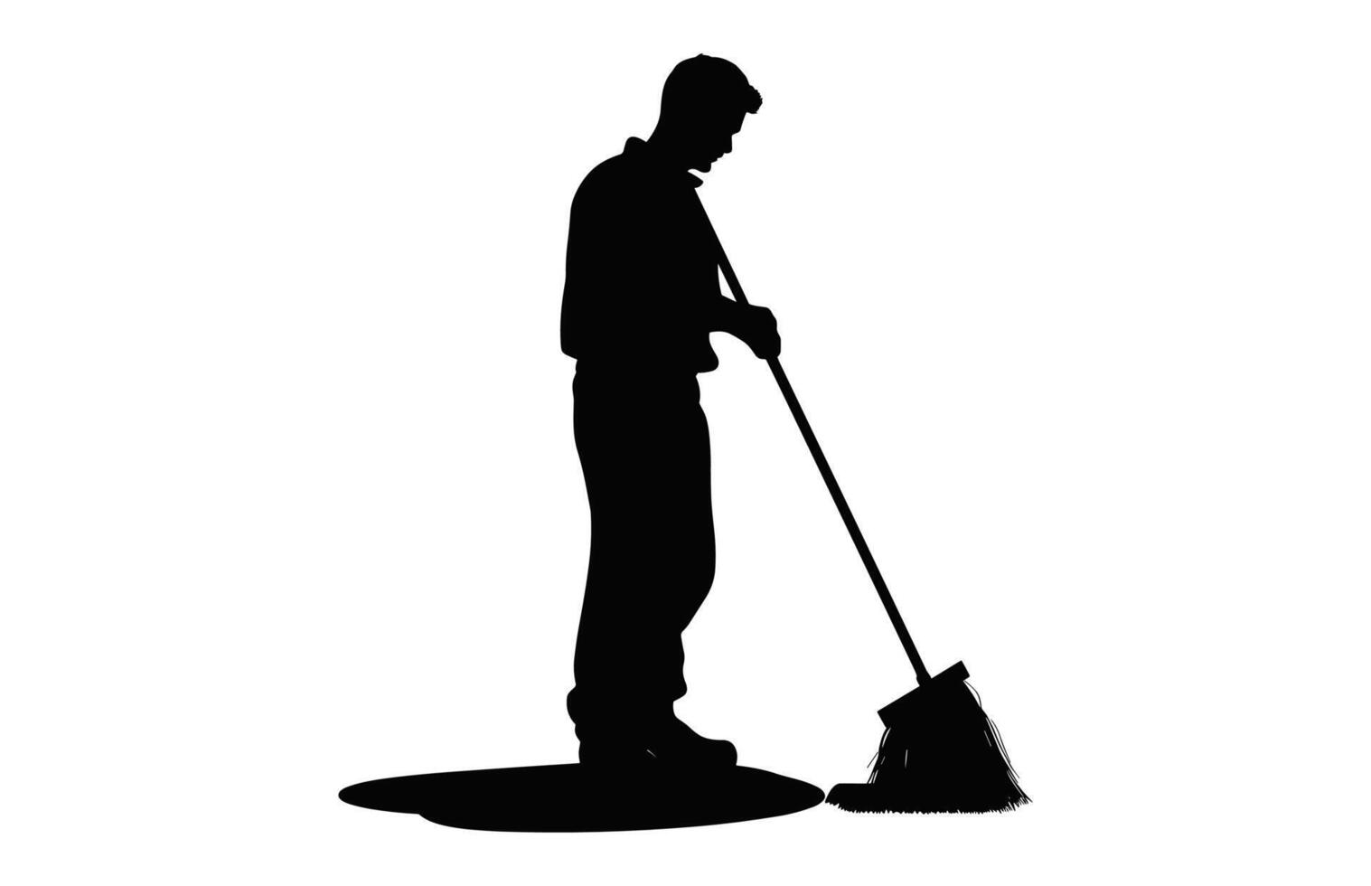 Cleaning Man Silhouette isolated on a white background, Male Cleaner black Clipart, Sweeper boy Black and White Vector