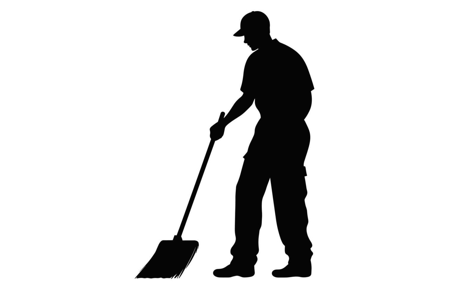 Cleaning Man Silhouette isolated on a white background, Sweeper boy Black and White Vector, Male Cleaner black Clipart vector