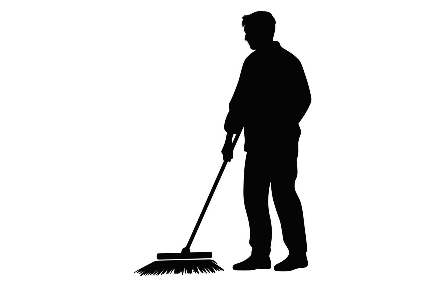 Cleaning Man Silhouette isolated on a white background, Male Cleaner black Clipart, Sweeper boy Black and White Vector