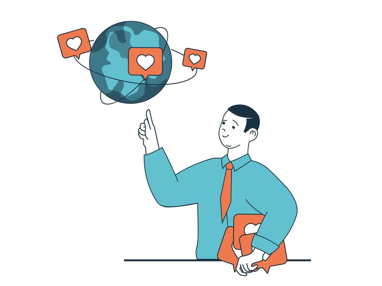 Internet addiction concept with character situation. Man is addicted on audience feedback on Internet and collects likes and hearts. Vector illustration with people scene in flat design for web