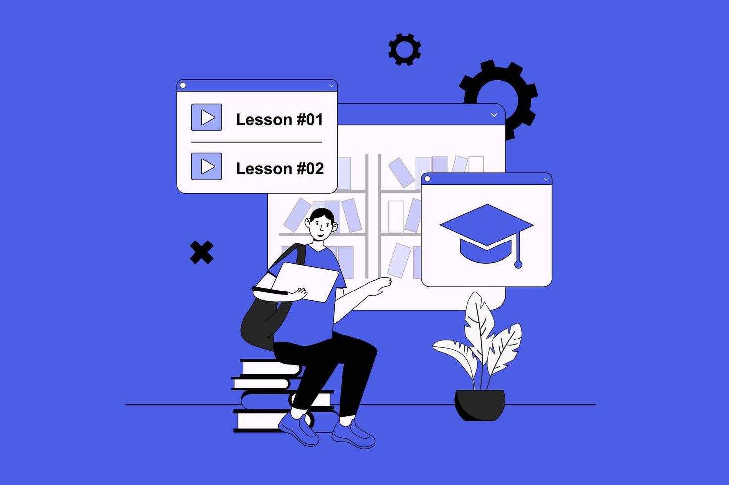 Learning management system web concept with character scene in flat design. People studying at online courses platform with video lessons. Vector illustration for social media marketing material.
