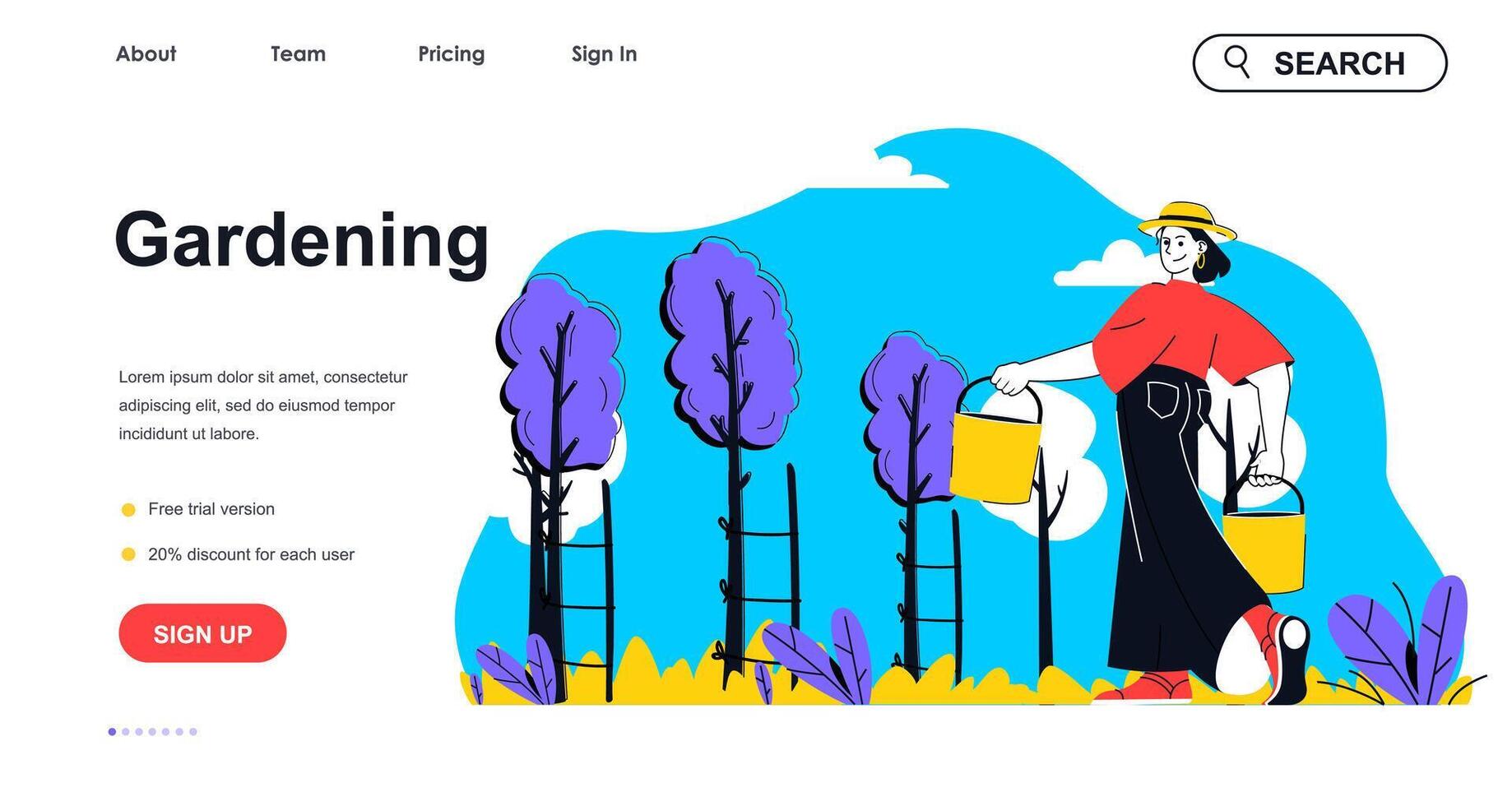 Gardening concept for landing page template. Woman holding buckets and caring for tree seedlings. Planting and farming people scene. Vector illustration with flat character design for web banner