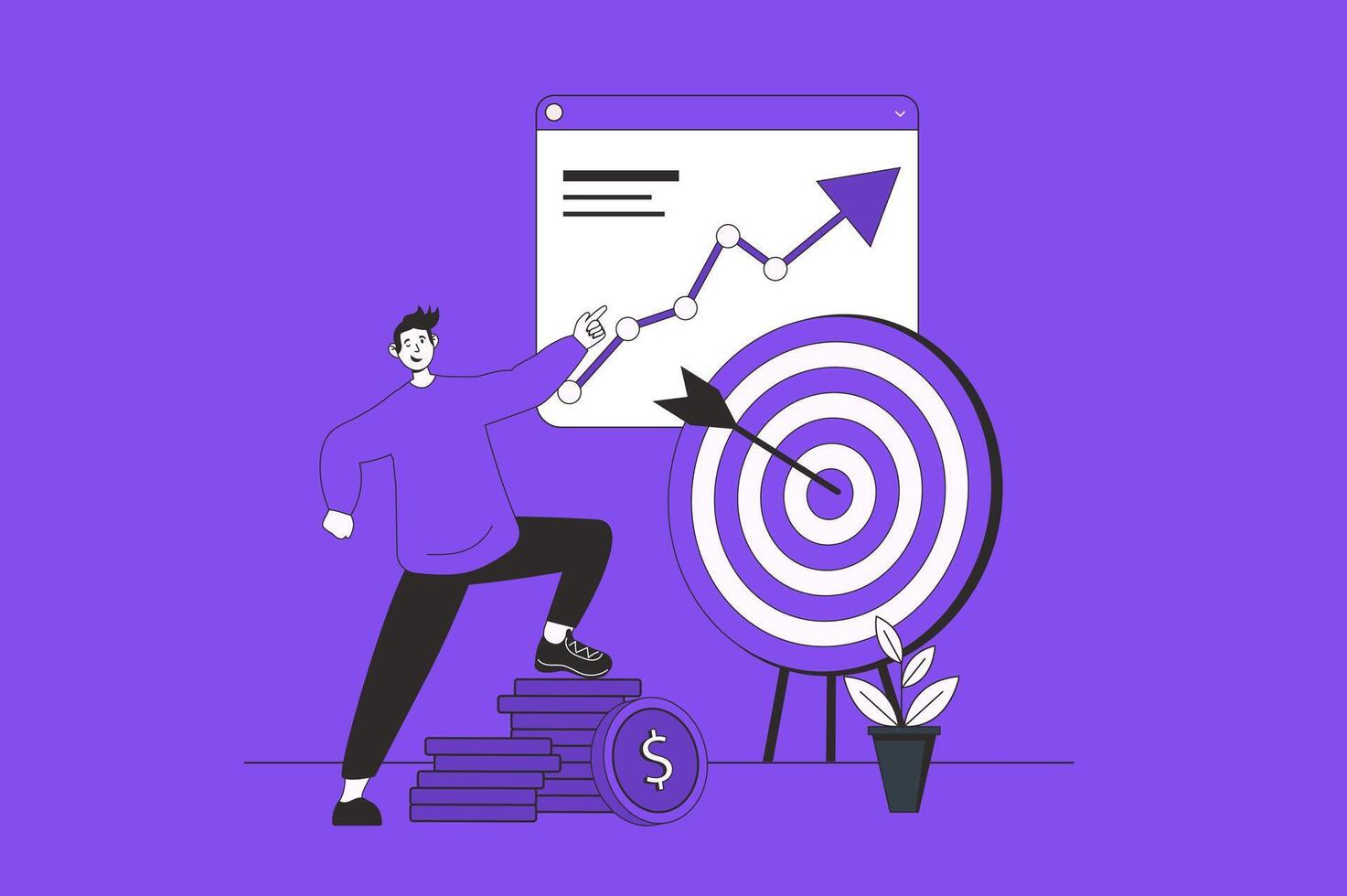 Setting goals web concept with character scene in flat design. People create strategy and planning tasks, targeting and achieving career goals. Vector illustration for social media marketing material.