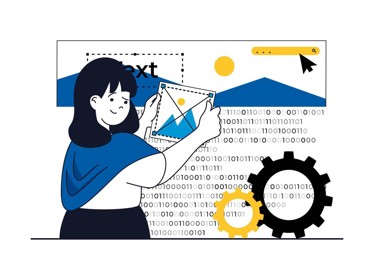 Web development concept with character situation. Woman places graphic elements in page interface template, works with code and settings. Vector illustration with people scene in flat design for web